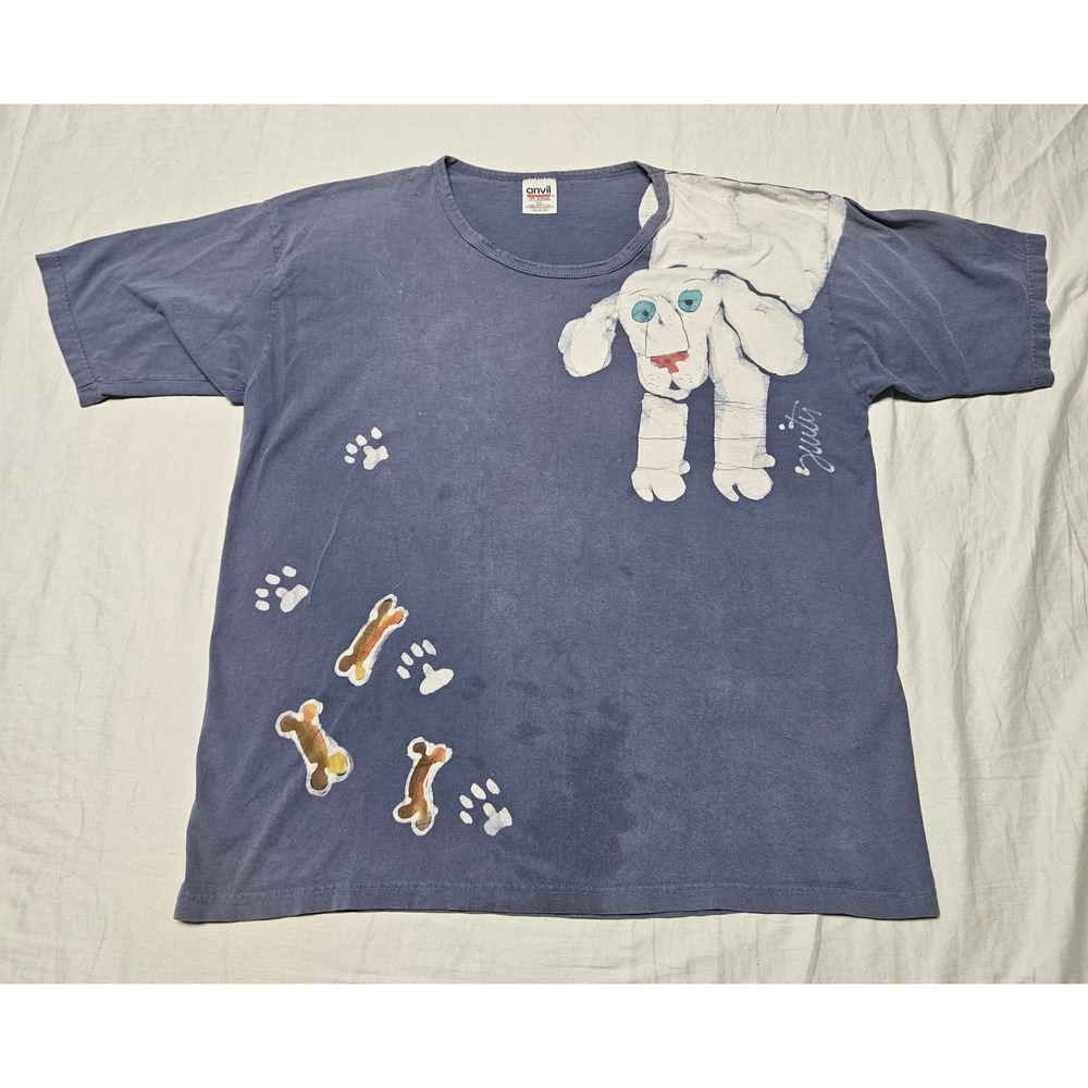 Anvil Vintage Dog Graphic T-Shirt Womens XL Blue Hand Painted Style 90s Art Tee